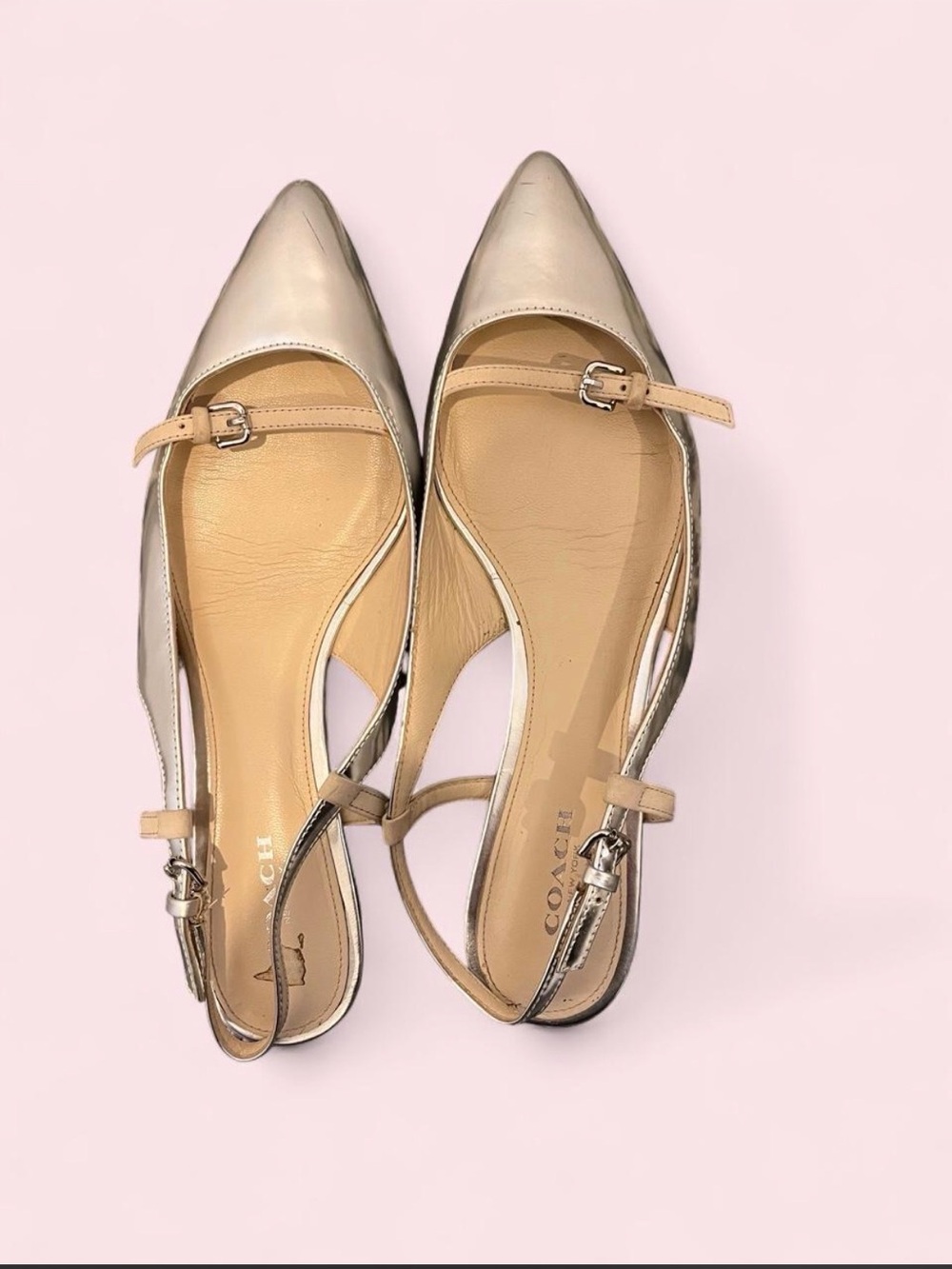 Coach Metallic Champagne Pointed-Toe Slingback Flats